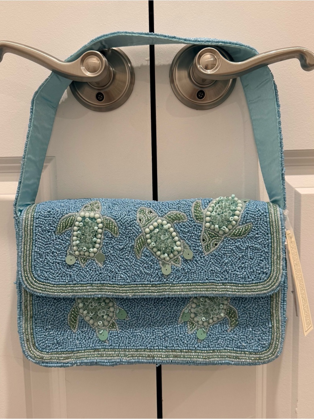 Embellished Sea Turtle Beaded Shoulder Bag - Light Blue